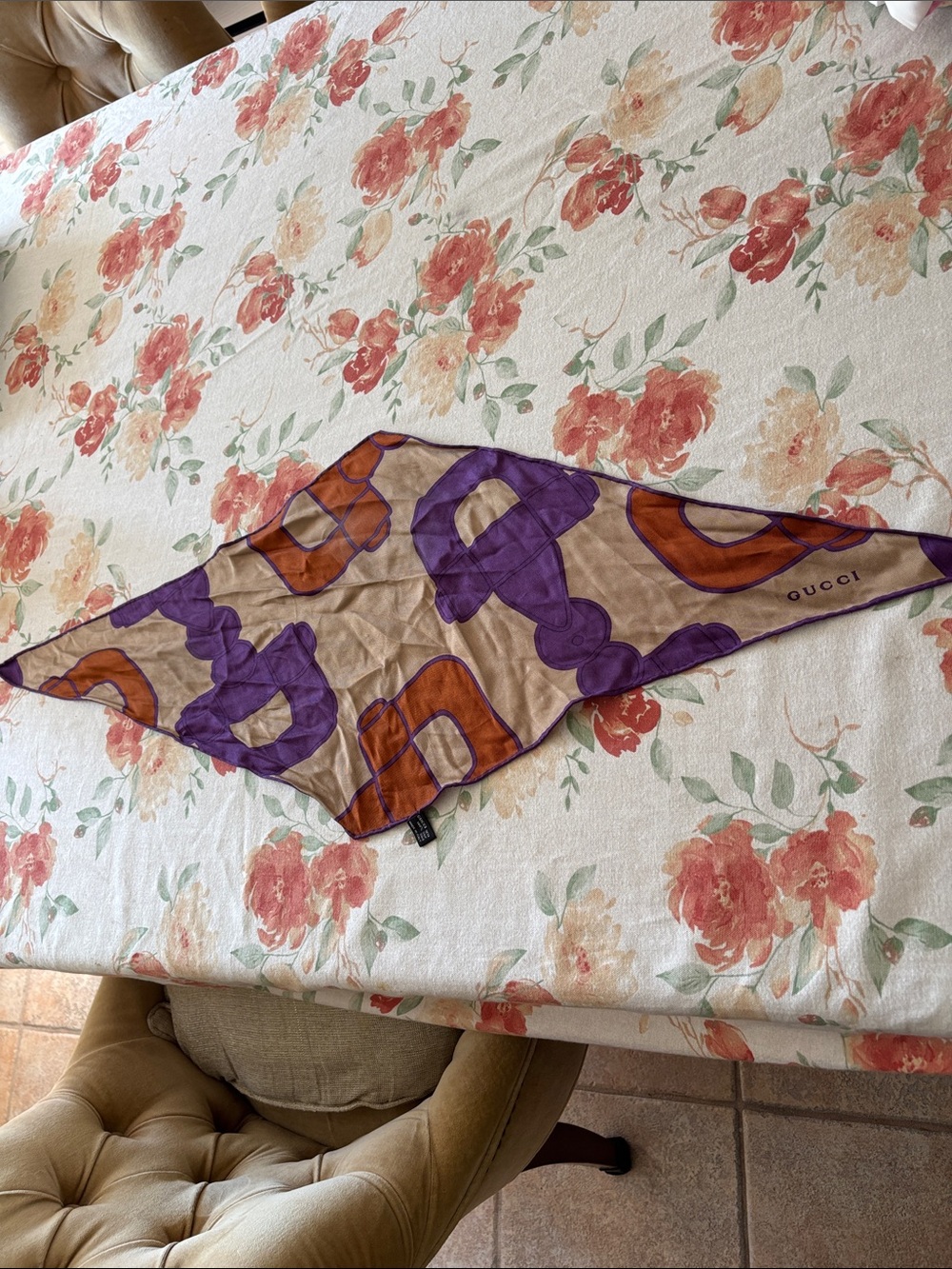 Gucci Beige Purple Brown Horse Bit Diamond Shape Silk Scarf-Vintage